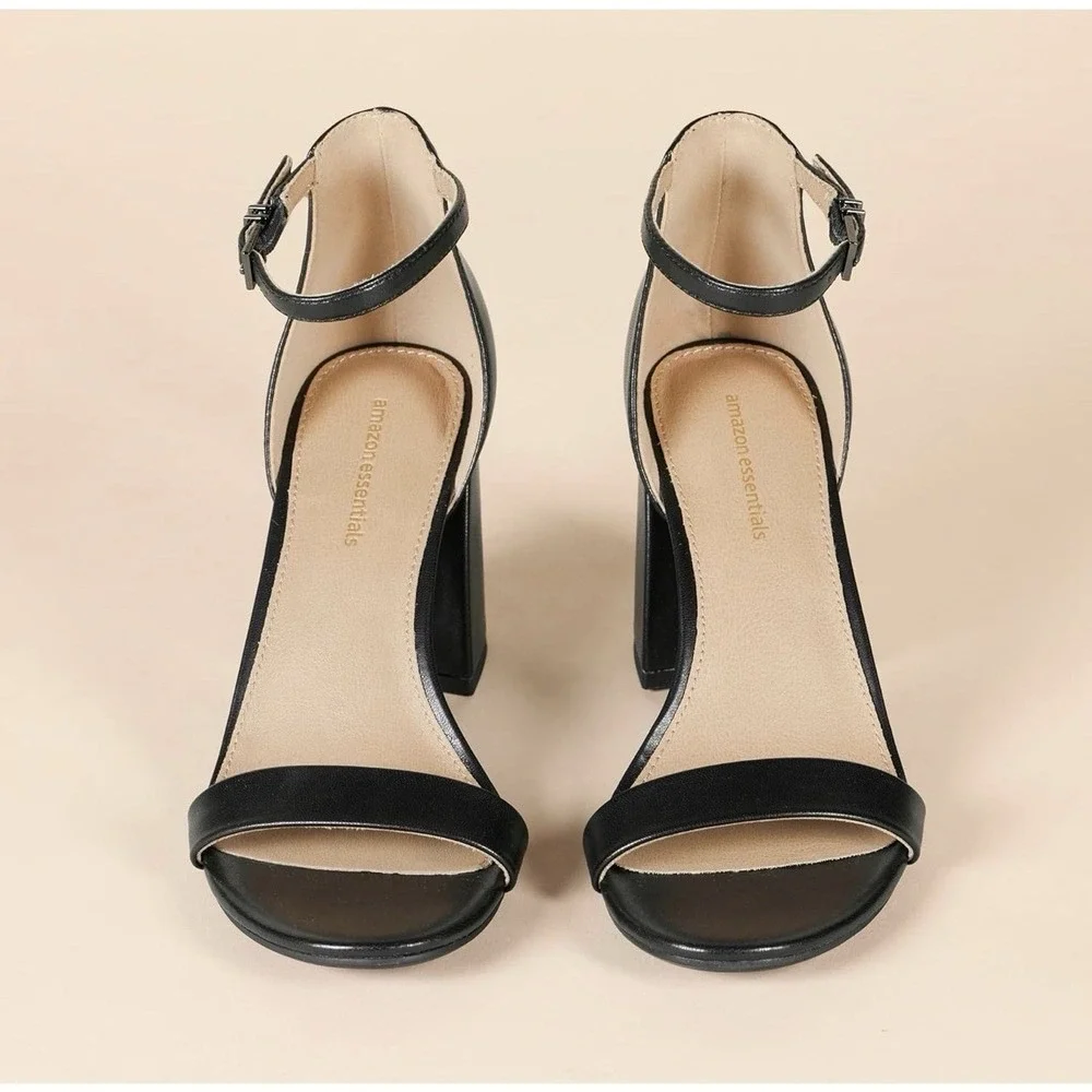 Essentials Women's Ankle Strap Block Heel Nola Sandals Black Size 9 M US